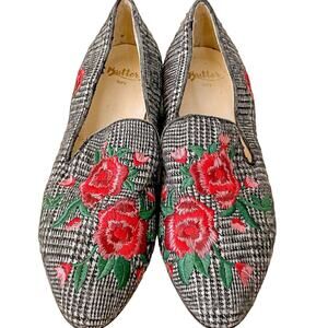 NEW Butter Shoes Plaid and Floral Flat Loafers Red Black, NWOT Size 5, MSRP $295